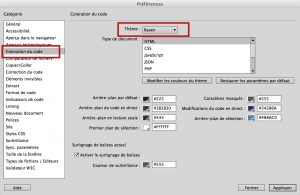 Fenêtre de Dreamweaver pour changer la couleur du code