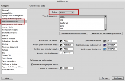 Fenêtre de Dreamweaver pour changer la couleur du code